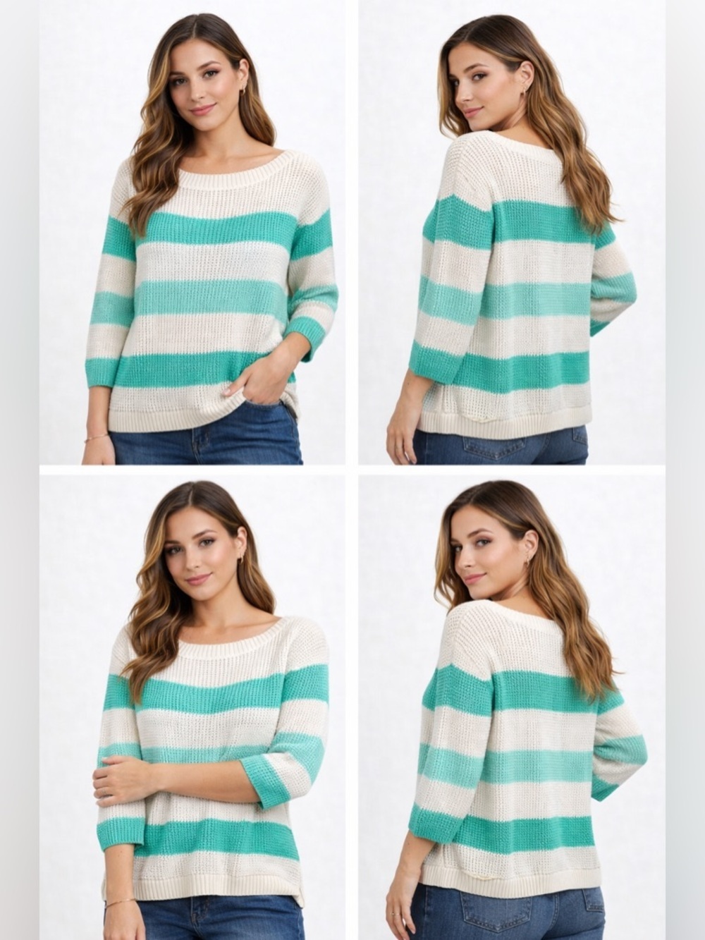 Tommy Hilfiger Striped Top Women’s XL White Teal Crew Neck Knit
